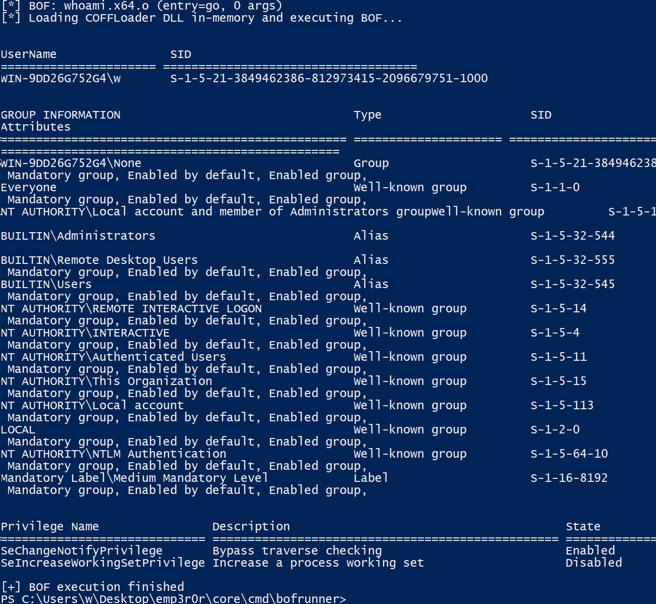 BOF whoami output