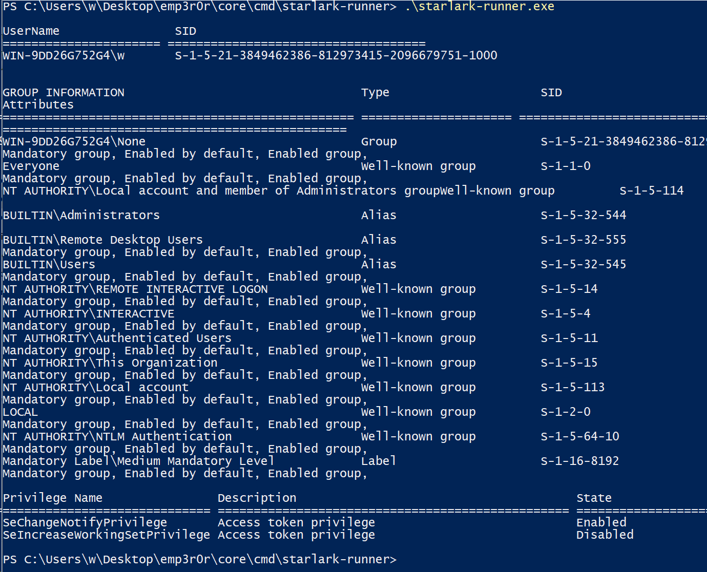 Starlark whoami output