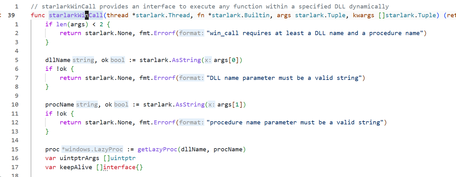 starlarkWinCall in Go