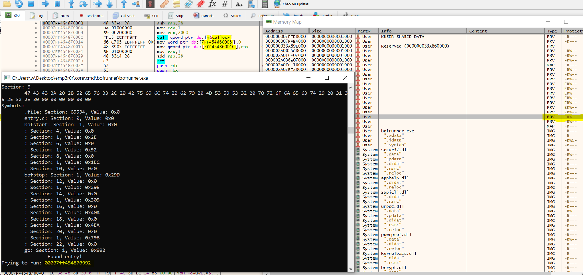 BOF memory map in x64dbg