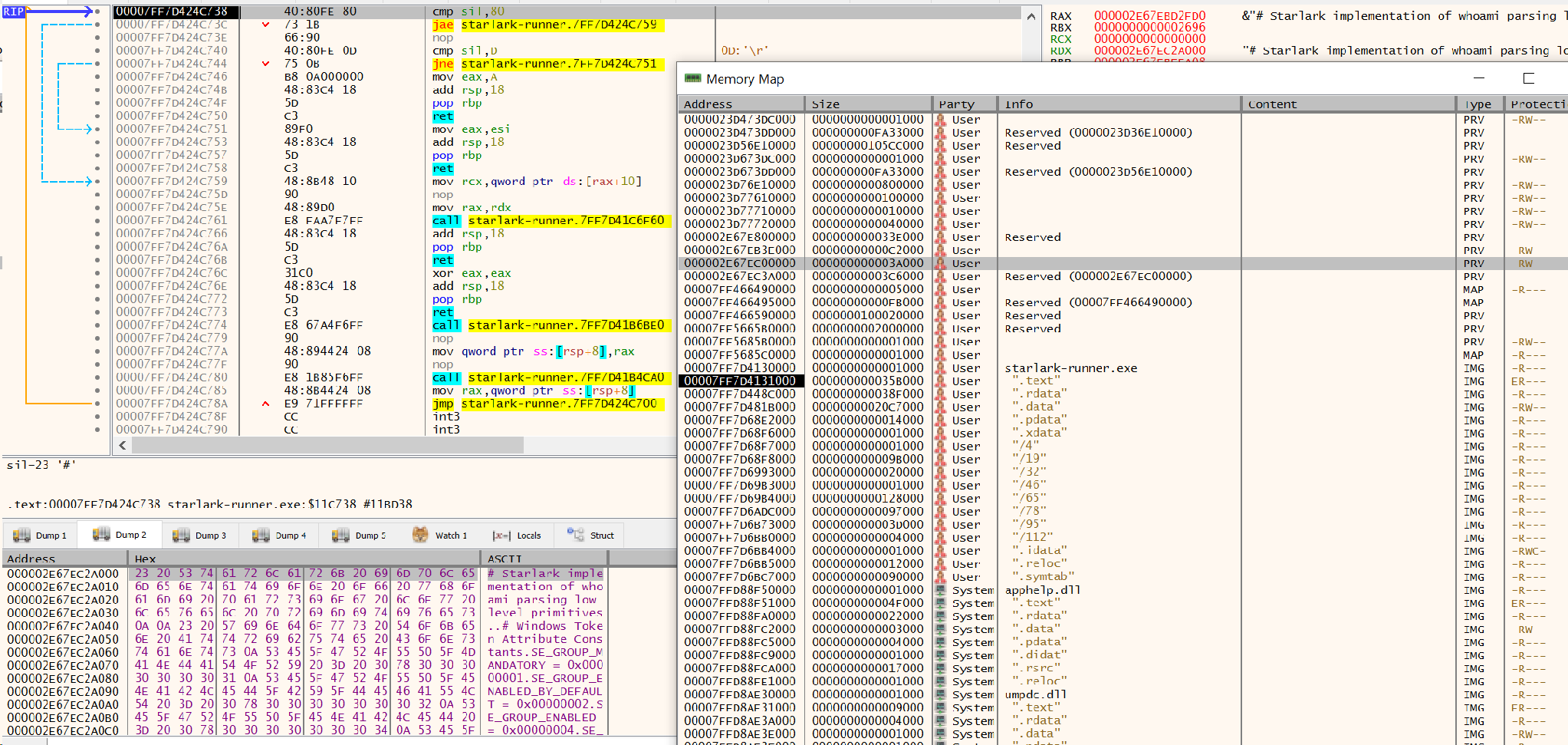 Starlark memory map in x64dbg